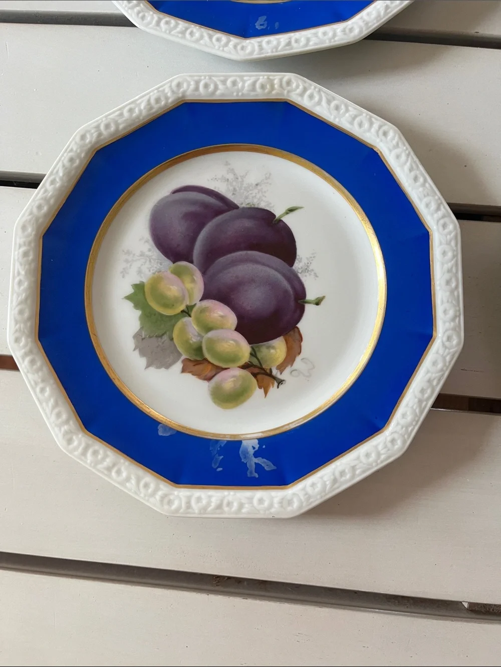 The Rosenthal Octagonal Fruit Motif Lunch Plates in Cobalt Blue and Gold Trim